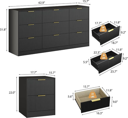 3-Piece Modern Bedroom Furniture Set, Wide 9-Drawer Dresser & 2-Drawer Nightstands Set of 2, Natural Wood Dresser and Nightstand Sets for Bedroom, Hallway, Black