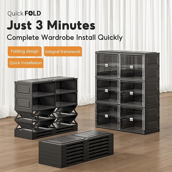 Black Shoe Rack Organizer Cabinet for Closet Entryway,Clear Shoe Storage Boxes Stackable Sneaker Storage with Door Easy Assembly Shoe Cabinet with Lids Large 8 Tiers 32 Pairs