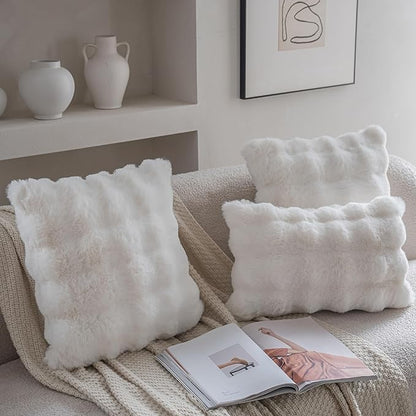 Neelvin Cream White Faux Fur Cozy Soft Double-Sided Decorative Throw Pillow Covers 12x20 inch Set of 2,Velvet Pillowcase Cushion Case for Sofa Couch