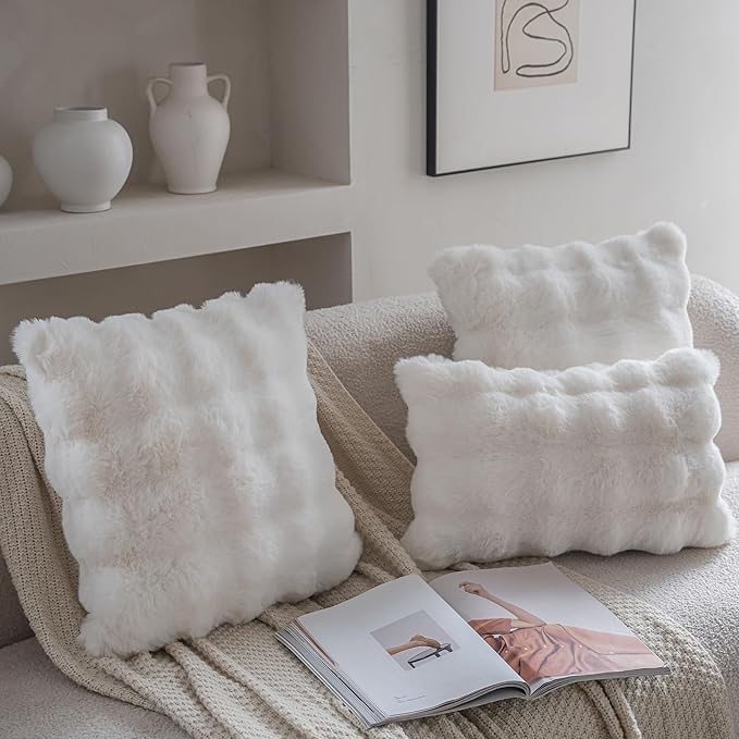 Neelvin Cream White Faux Fur Cozy Soft Double-Sided Decorative Throw Pillow Covers 22x22 inch Set of 2,Velvet Pillowcase Cushion Case for Sofa Couch