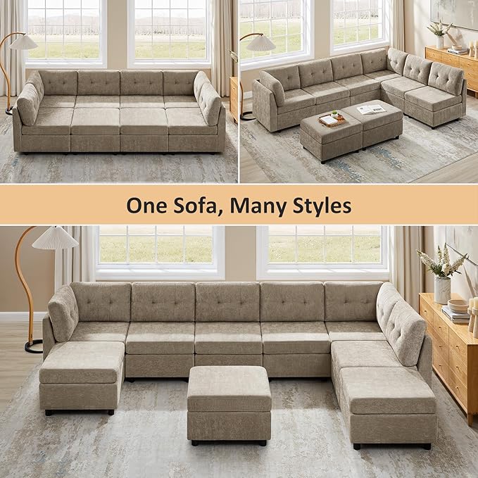 VANOMi 6 Seat Modular Cloud Sofa with 2 Ottomans, 118" Convertible Modular Sectional Sofa Bed, Comfy Chenille Sofas & Couches for Living Room, Apartment, Office, Camel, Large Sofa Bed