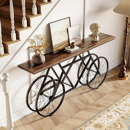 LITTLE TREE Narrow Sofa Table, 70.9-Inch Extra Long Console Table for Living Room, Entryway, with Unique Bicycle Metal Base. Rustic Brown