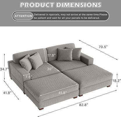 Modular Sectional Couches for Living Room, Modern Loveseat 2-Seater Sofa Couch with Ottoman, Upholstered Couches for Living Room Bedroom, Light Grey