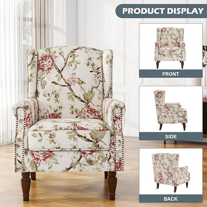 UIXE Floral Accent Chairs Set of 2, High Back Upholstered Armchair Wingback Arm Chair in Fabric for Living Room, Nailhead Trim Single Sofa Bedroom Side Reading Seat with Retro Solid Wood Legs - Beige