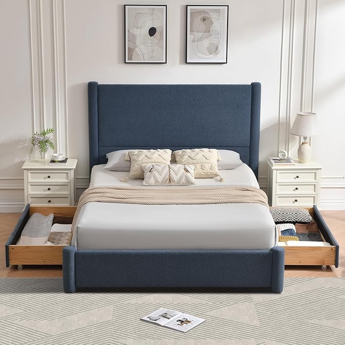 VELOCAVA Queen Size Upholstered Bed Frame with 51.77" Tall Headboard and Soft Rounded Corners, Side Storage Drawers, 12-Slat Support, No Box Spring Needed, Linen-Blend Fabric, Dusty Blue