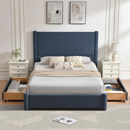 VELOCAVA Queen Size Upholstered Bed Frame with 51.77" Tall Headboard and Soft Rounded Corners, Side Storage Drawers, 12-Slat Support, No Box Spring Needed, Linen-Blend Fabric, Dusty Blue