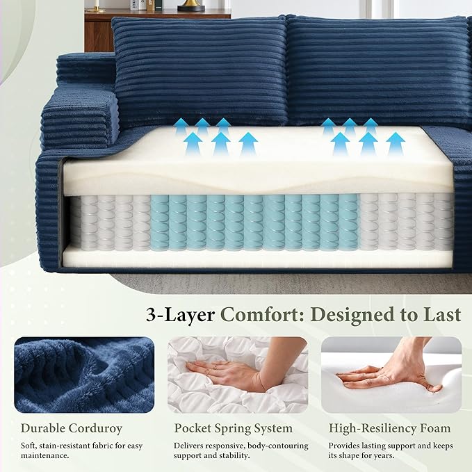 96''Sectional Couches for Living Room,Modern Modular Sectional Sofa,Upholstered Boneless Couch with Pockets,Comfy Cloud Couch with L Shaped Chaise(Blue, 96''W Right Facing Chaise)