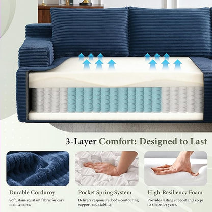 96''Sectional Couches for Living Room,Modern Modular Sectional Sofa,Upholstered Boneless Couch with Pockets,Comfy Cloud Couch with L Shaped Chaise(Blue, 96''W Right Facing Chaise)