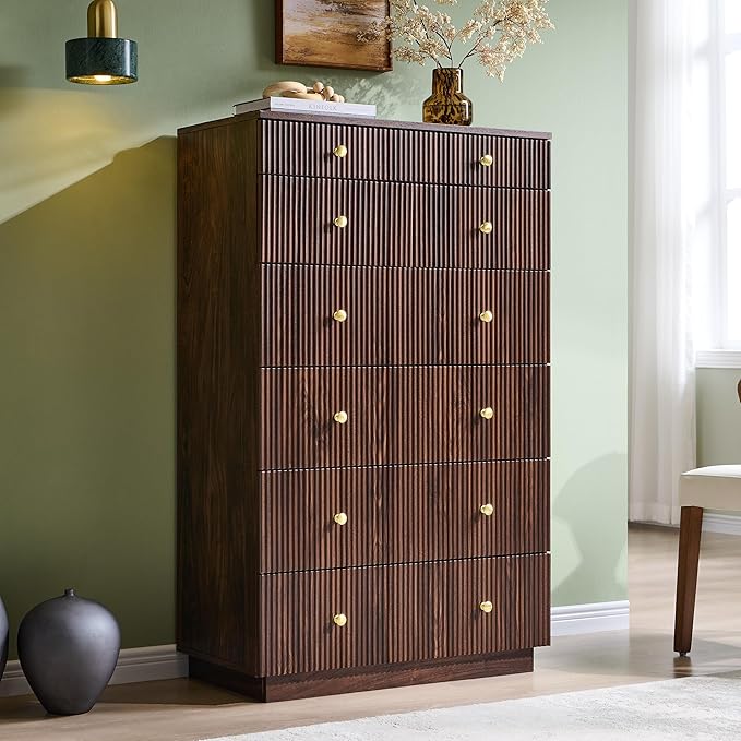 Fluted Dresser for Bedroom, 48" H 7 Drawer Dressers, Wood Tall Dresser Storage Organizer, Modern Bedroom Chest with Deep Storage for Closet Hallway, Entryway, Living Room, Brown