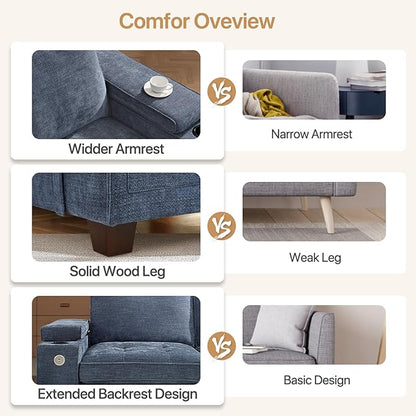 74" Loveseat Couch for Living Room,Modern Chenille Upholstered Sofa with Adjustable Storage Armrest,Cup Holders,USB & Type-C Ports, Solid Wood 2-Seater Loveseat Sofa for Apartment(Blue)