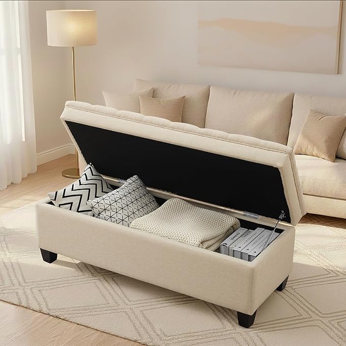 50" Storage Ottoman Bench, Rectangular End of Bed Storage Bench, Upholstered Large Fabric Tufted Ottoman with Storage for Living Room, Bedroom, Entryway,Khaki
