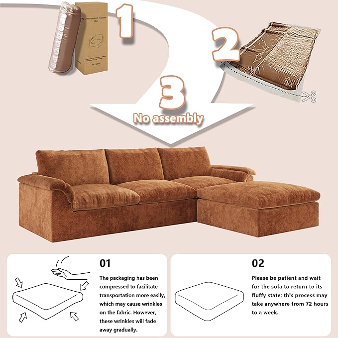 EASE MOOSE Boneless Modular Cloud Couch, U-Shaped Oversized Sectional Sofa for Living Room with Ottoman, Extra Large Movable Couches, 6-Deep-Seat Sofas for Bedroom, Apartment, Chenille (Brown)