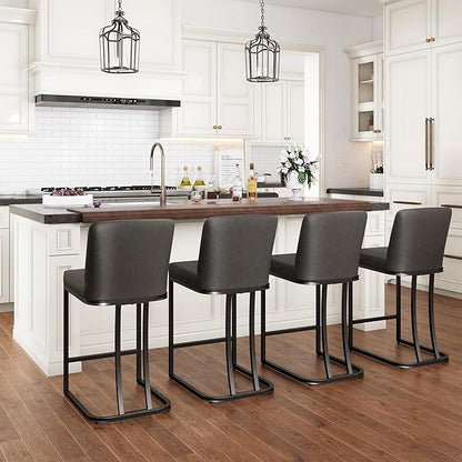PHI VILLA Dark Grey Bar Stools Set of 4, Faux Leather Counter Height Chairs, Kitchen Stools for Island, 24 Inch Barstools with Back