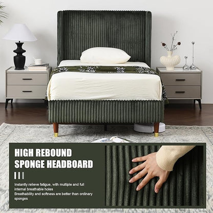 PINJU Twin Size Bed Frame, Upholstered Platform Bed with Modern Vertical Striped Wingback Headboard with Wooden Slats, Easy to Assemble No Noise Free (Green, Twin)