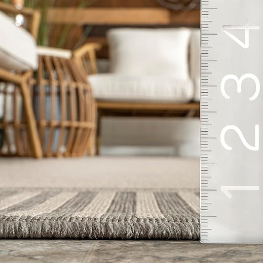 nuLOOM 9' x 12' Outdoor Area Rug, Casual Design with Striped Border, Stain Resistant, Highly Durable, for Patio, Balcony, Bedroom, Living Room, Dining Room, Bathroom, Light Grey
