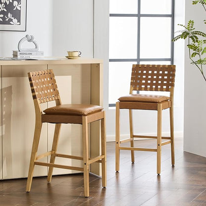 Christopher Knight Home Caitlyn lndoor Barstool Set of 2, Counter Height Stool with Footrest/Backrest for Bar Table, Natural Rubberwood Frame with Faux Leather Upholstery Counter Stool, Brown+Natural