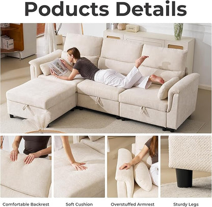 103'' L Shaped Couch, Cloud Modular Sectional Sofa with Storage, Extra Deep Seat, Modern Chenille Sofa with Chaise, Throw Pillows, 4 Seat Convertible Sectional Couches for Living Room, Beige