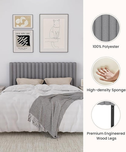 Full Size Upholstered Headboard Only, Channel Tufted Headboard with Wood Legs for Bedroom, Adjustable Height, Easy Assembly, No Box Spring Needed, Grey