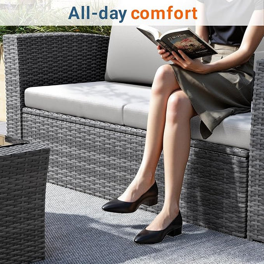 Wisteria Lane 4 Piece Patio Furniture Set, Wicker Outdoor Patio Conversation Furniture Set, All Weather Outdoor Patio Sofa with Cushion and Glass Table, Light Gray