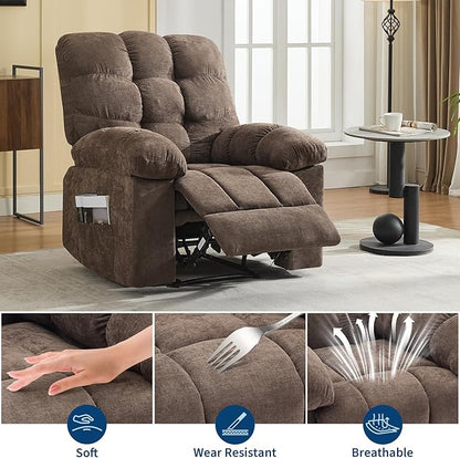 Recliner Rocking Chair with Massage and Heat, Wide Overstuffed Ergonomic Fabric Recliner with Breathable Upholstery, 2 Side Pockets & Remote Control for Living Room or Bedroom