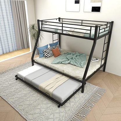 Giantex Twin Over Full Bunk Bed with Trundle, Heavy-Duty Metal Triple Bunk Beds w/Two Side Ladders & Safety Guard Rail, 3 in 1 Bunk Beds for Kids Teens, No Box Spring Needed, Black