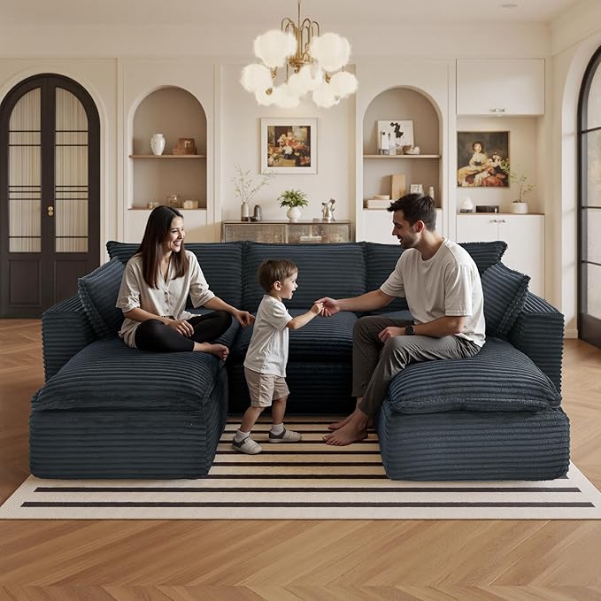 108" Sectional Couches for Living Room Boneless Couch Upholstered Cloud Couch Sectional Modular Sectional Sofa with L Shaped (Corduroy-Blue, 3 Seat+2 Ottoman)