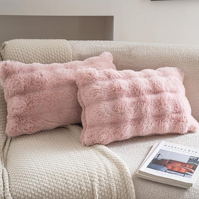 Neelvin Pink Faux Fur Cozy Soft Double-Sided Decorative Throw Pillow Covers 12x20 inch Set of 2,Velvet Pillowcase Cushion Case for Sofa Couch