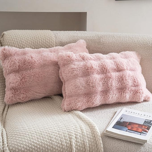 Neelvin Pink Faux Fur Cozy Soft Double-Sided Decorative Throw Pillow Covers 12x20 inch Set of 2,Velvet Pillowcase Cushion Case for Sofa Couch