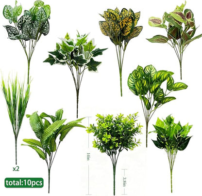 Artificial Plants Outdoor 10 Bundles(Artificial Greenery Fake Plants, Large Bunches Faux Plants with Stems and Plastic Leaves, Outdoor Bushes for Patio Front Porch Yard Garden Decor)