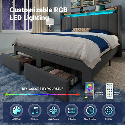 Allewie Vertical Tufted Queen Upholstered Platform Bed Frame with 2-Tier LED Storage Headboard & 2 Storage Drawers, USB & Type-C Charging Ports, Noise-Free/No Box Spring Needed, Dark Grey