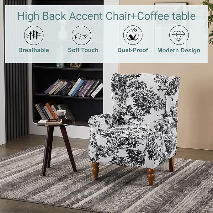 ZMAD Accent Chair, Upholstered High Back Floral Armchair Wood Legs, Comfy Wingback Reading Single Sofa Chair,Plus a Solid Wood Coffee Table for Small Spaces, Living Room, Bedroom (Antique White+Gray)