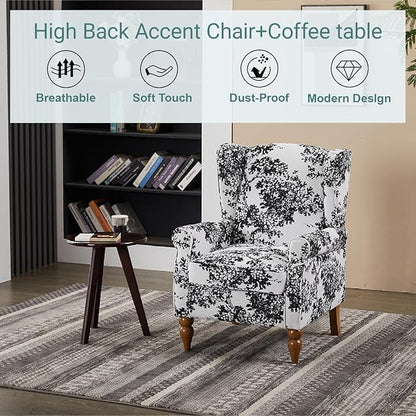 ZMAD Accent Chair, Upholstered High Back Floral Armchair Wood Legs, Comfy Wingback Reading Single Sofa Chair,Plus a Solid Wood Coffee Table for Small Spaces, Living Room, Bedroom (Antique White+Gray)