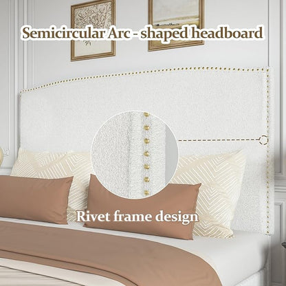 Queen Size Bed Frame with Headboard, 56" Upholstered Platform Bed with Nailhead Trim, Soft Boucle Fabric, No Box Spring Needed, Easy Assembly, White