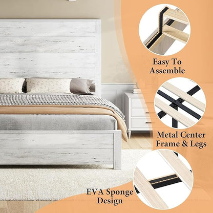 AMERLIFE King Size 51.2" Wood Bed Frame, Rustic Platform Bed with Spliced Headboard, Wood Slats Support/No Box Spring Needed/Noiseless/Antique White