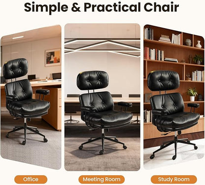 Home Office Desk Chair, Mid-Century Modern Office Chair with Adjustable Lumbar Support, Thickened Cushion Executive Desk Chair with 360 Rolling Swivel for Meeting Game Study Room(Black)