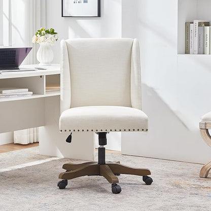 Armless Upholstered Office Chair with Wooden Legs, Modern Criss Cross Adjustable Home Office Desk Chair No Arms Sewing Chair Swivel Chair for Women Farmhouse Study Studio (Beige)