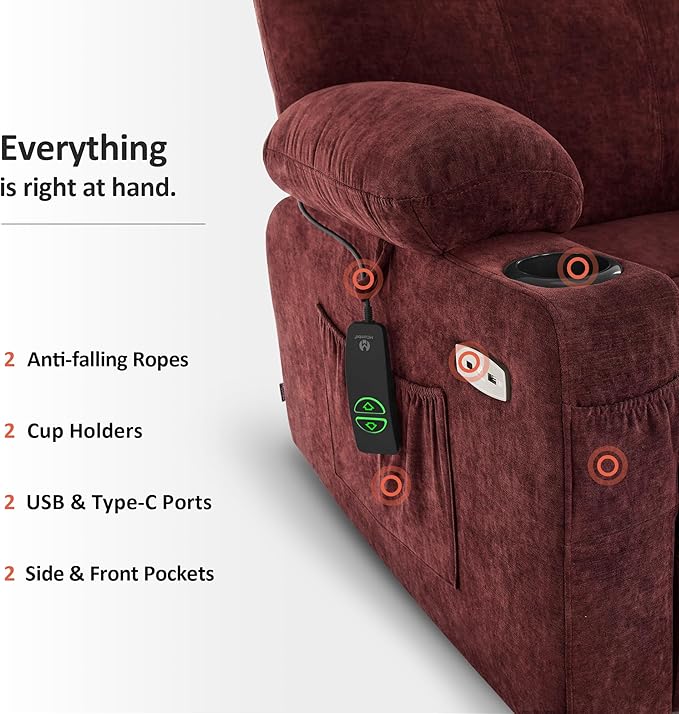 MCombo Power Lift Recliner Chair for Elderly, Lift Chair with Heat and Massage for Tall People, USB&Type C Ports, Extended Footrest, Cup Holders, Fabric 7516(Large,Sangria)