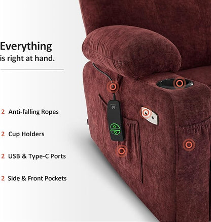 MCombo Power Lift Recliner Chair for Elderly, Lift Chair with Heat and Massage for Tall People, USB&Type C Ports, Extended Footrest, Cup Holders, Fabric 7516(Large,Sangria)
