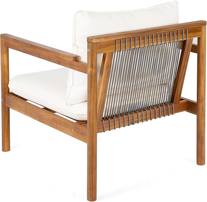 Christopher Knight Home Veera Set of 2 Acacia Wood Lounge Chair Outdoor with Rope Accent, Accent Chair with Water-Repellent Cushions, Comfy Chairs for Garden/Backyard, Patio Furniture, Teak + Cream