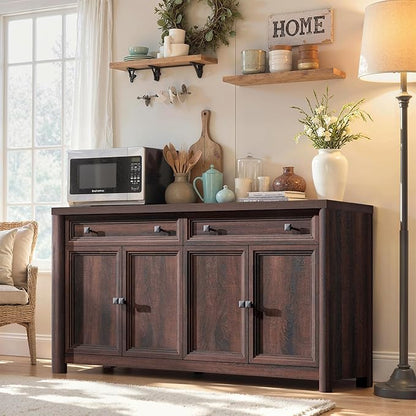 59" Large Buffet Cabinet with Storage, Farmhouse Walnut Sideboard Coffee Bar with 4 Doors & Adjustable Shelves, Wood Credenza Accent Coffee Bar Console Table for Living Room Hallway
