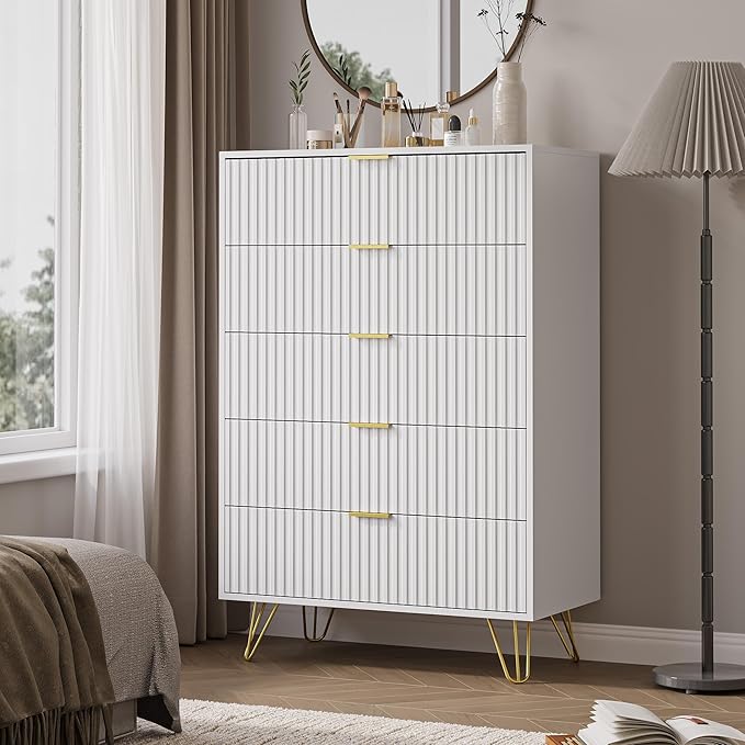 5 Drawers Dresser for Bedroom, 47" Tall Modern Chest of Drawers with Gold Handle, Fluted Wood Dresser for Bedroom, Living Room, Hallway, Entryway, White
