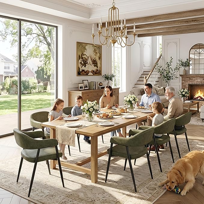 HNY Modern Dining Room Arm Chairs Set of 6, Green Retro Faux Leather Upholstered Barrel Dining Chairs with Arms Mid-Century Accent Chair with Metal Legs, Open-Back Kitchen Side Chairs for Living Room