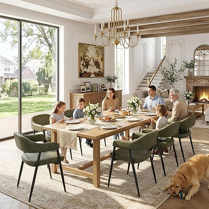 HNY Modern Dining Room Arm Chairs Set of 6, Green Retro Faux Leather Upholstered Barrel Dining Chairs with Arms Mid-Century Accent Chair with Metal Legs, Open-Back Kitchen Side Chairs for Living Room