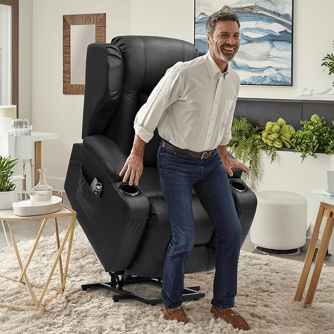 URRED Power Lift Recliner Chair for Elderly, Electric Massage Recliner with Heat, Infinite Position Adjustment, Faux Leather Lift Chair with Cup Holders, Side Pockets & USB Port – Light Black