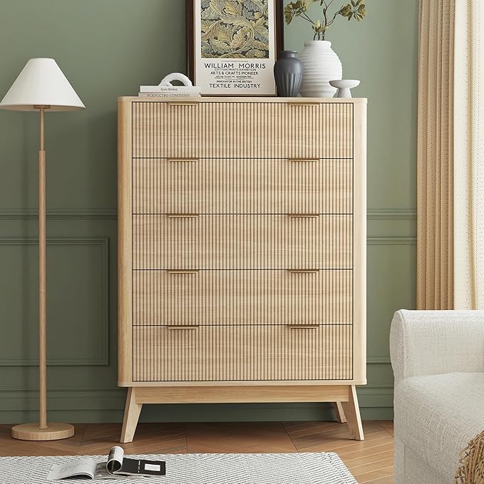 SUNWAVE Fluted 5 Drawer Dresser for Bedroom, 43.3" Tall Dressers with Round Corner, Mid-Century Modern Wood Chest for Living Room, Entry