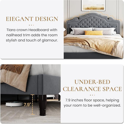 SHA CERLIN King Size Platfrom Bed Frame with Adjustable Headboard/Velvet Upholstered Diamond Button Tufted and Metal Studs/No Box Spring Needed/Easy Assembly/Woodenen Slat Support/Light Grey