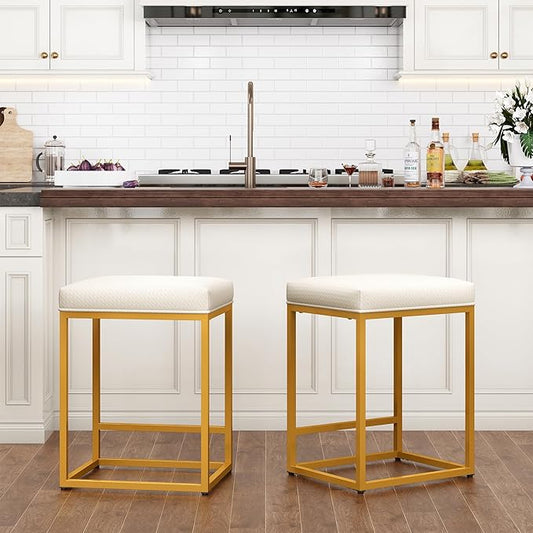 PHI VILLA White and Gold Bar Stools Set of 2 - Thick Cushion Metal Steel Frame Base with Footrest 24 Inch Barstools, Counter Height Bar stools