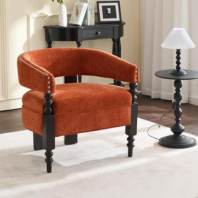 LOULENS Barrel Accent Chair, Vintage Chenille Upholstered Lounge Chair with Solid Wood Legs, Comfy Leisure Side Armchair for Living Room, Bedroom, Reading Nook, Corner, Orange