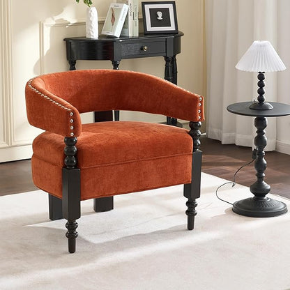 LOULENS Barrel Accent Chair, Vintage Chenille Upholstered Lounge Chair with Solid Wood Legs, Comfy Leisure Side Armchair for Living Room, Bedroom, Reading Nook, Corner, Orange