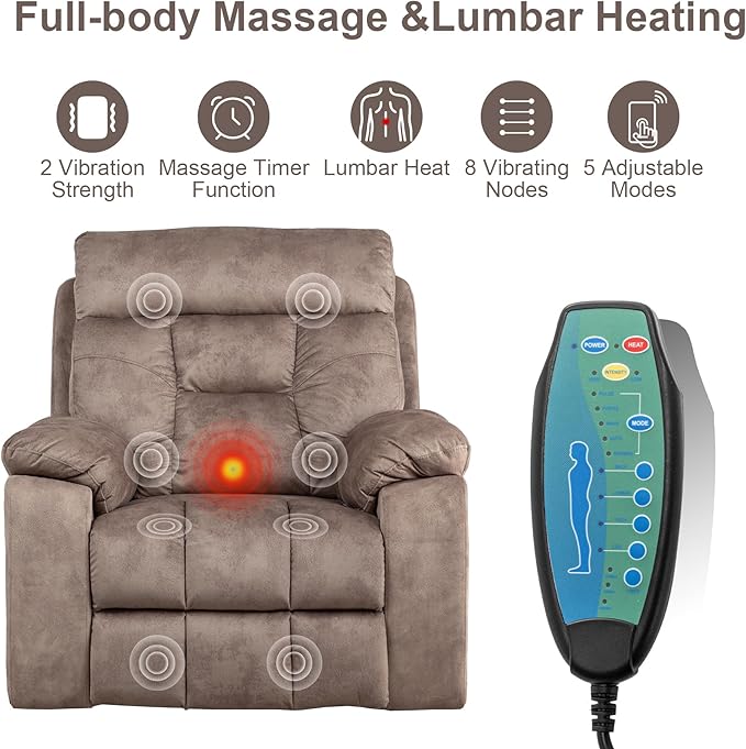 Oversized Lift Recliner Chairs for Elderly, 26in Extra Wide Power Chair with Massaga and Heating, Large Electric Lay Flat Recliners Sofa for Big and Tall Adult Lounging, Velvet Light Brown